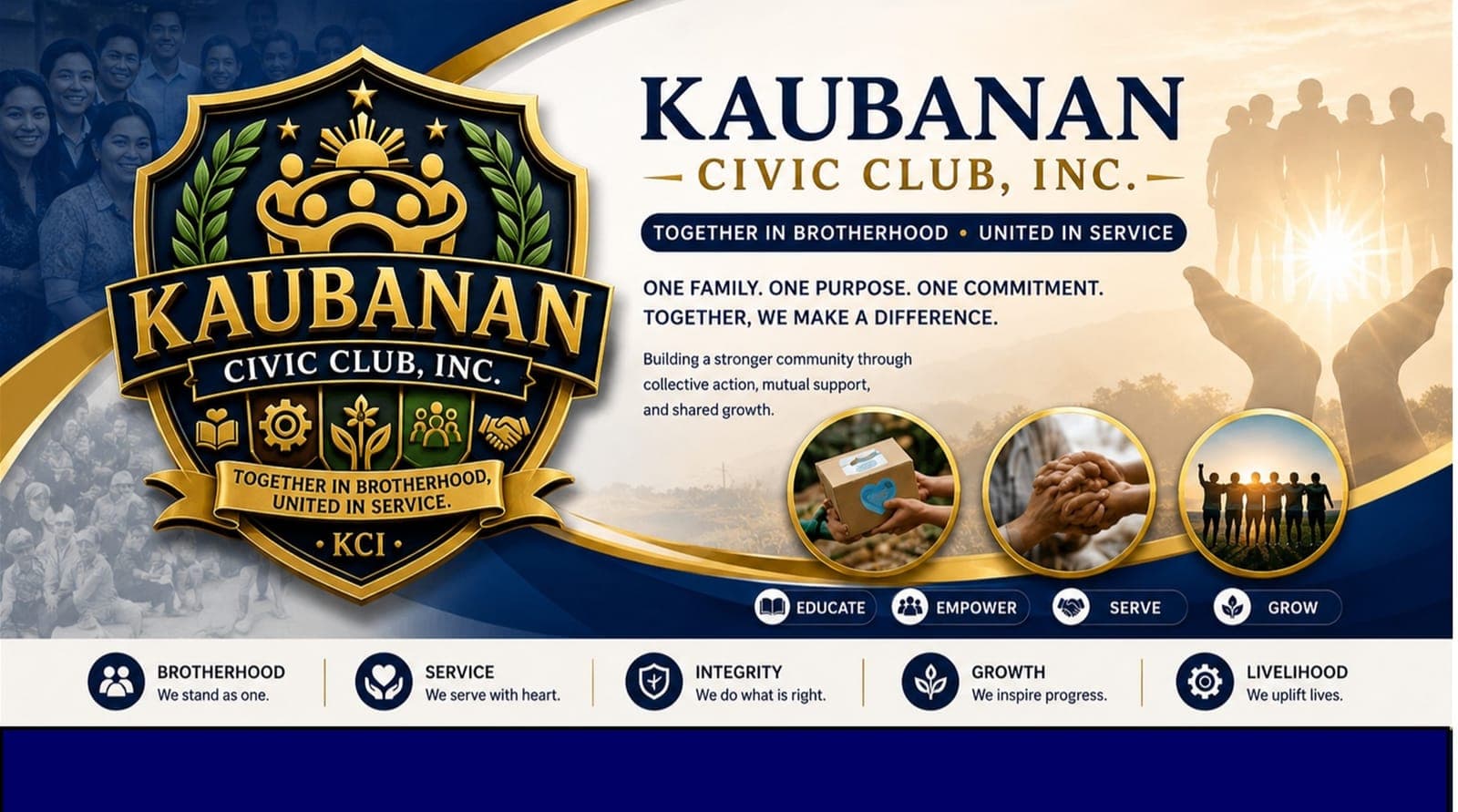 Kaubanan Civic Club, Inc. banner — "Together in Brotherhood, United in Service." One family, one purpose, one commitment, carrying the values of brotherhood, service, integrity, growth, and livelihood.