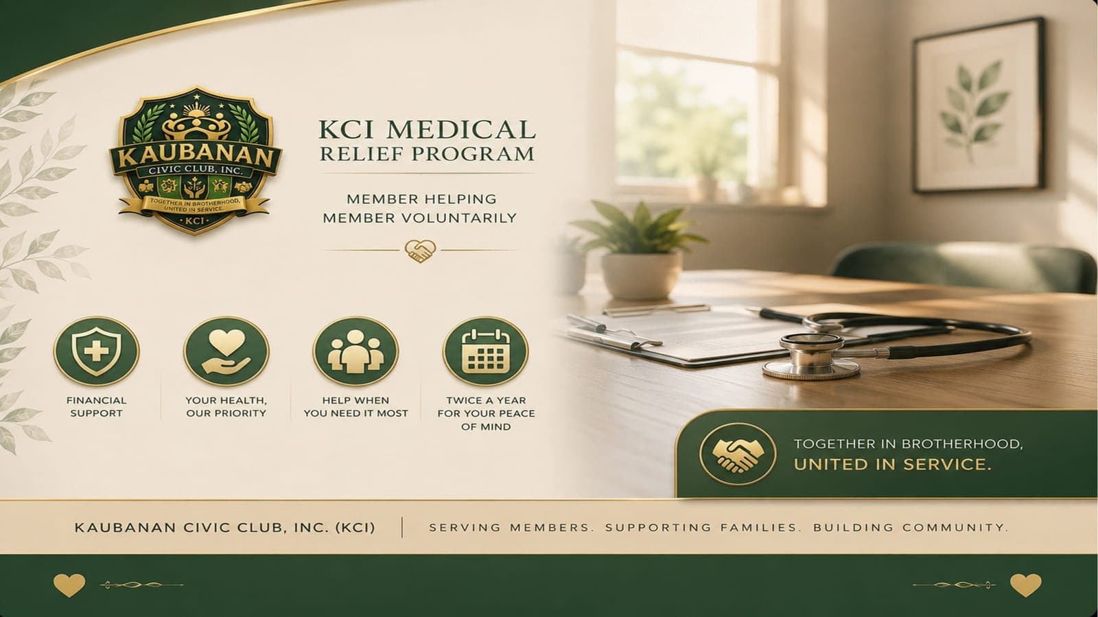 KCI Medical Relief Program flyer — a member recovering in a hospital bed, beside the programme's promise of financial support when it is needed most.